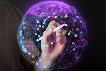 Hand interacts with a digital globe, illustrating global network connections and data visualization.