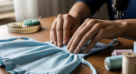 Fototapeta premium Handmade clothing creation process close up view of skilled artisan hands sewing delicate blue fabric dress fashion design atelier handmade craft