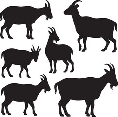 Six Black Silhouette Goats Standing and Walking on White Background animal