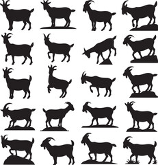 Fototapeta premium Collection of twenty black goat silhouettes in various poses and on rocky terrain goats animal