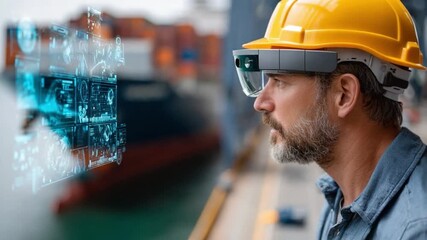 Industrial Vision: An industrial worker wearing an augmented reality headset, observing a holographic projection of a shipping container in a detailed, futuristic setting. - Powered by Adobe