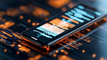 Modern smartphone displaying digital data and abstract technology background in blue and orange - Powered by Adobe