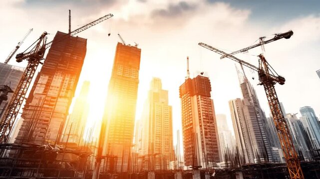 Urban Construction Site at Sunset with Skyscrapers Under Development and Cranes in Action