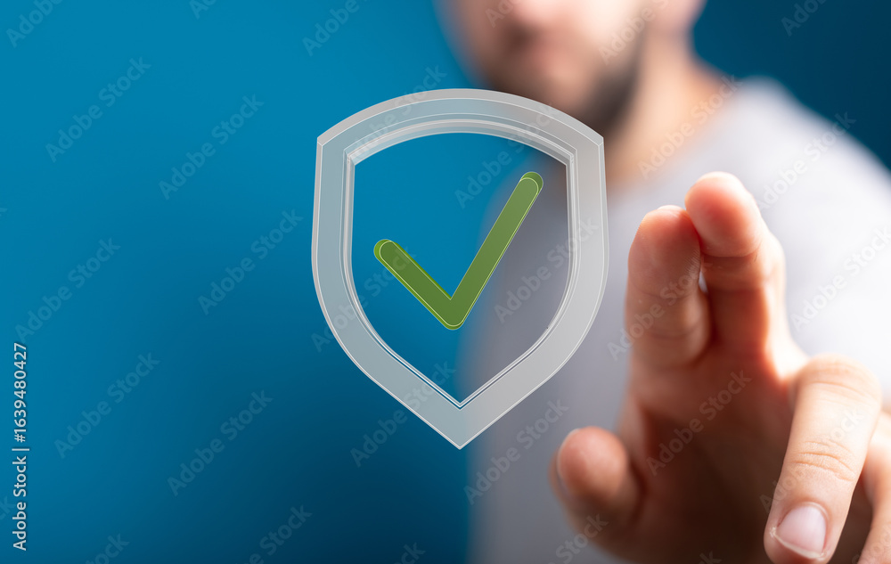 Poster ensuring digital security and data privacy. a checked shield symbolizes protection and trust.