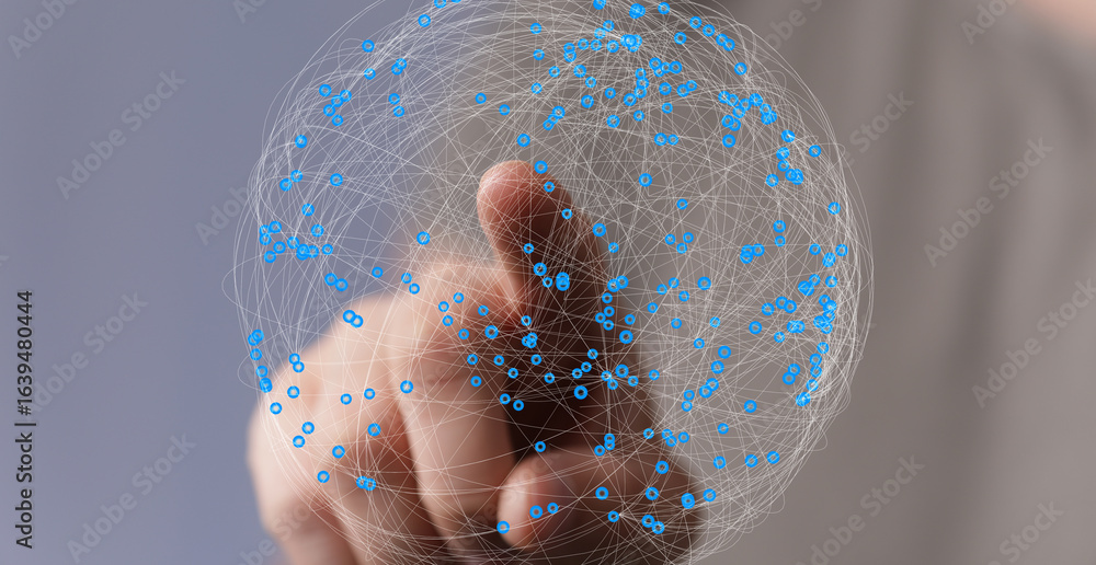 Poster abstract image of a hand interacting with a digital global network, representing connection and tech