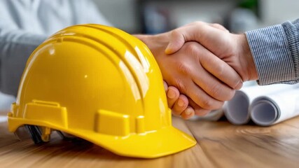 Construction Deal: Two people sealing a construction project with a handshake, set beside a yellow hard hat and blueprints, showcasing a deal.