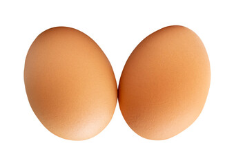 Top view of two fresh brown chicken eggs in stack isolated on white background with clipping path
