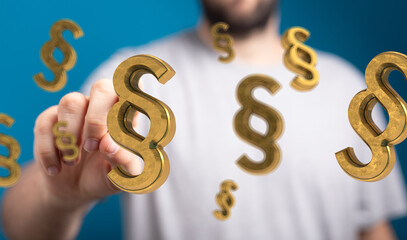 Abstract image of a hand interacting with golden paragraph symbols, representing legal concepts.