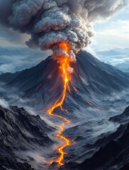 Fototapeta premium Volcano eruption with glowing lava rivers and thick ash clouds blanketing the surrounding rocky slopes