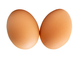 Side view of two fresh brown chicken eggs in stack isolated  with clipping path in png file format