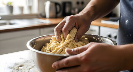 Homemade bread baking hands kneading dough in kitchen bowl delicious recipe cooking food preparation artisan baker culinary art kitchenware metal bowl flour