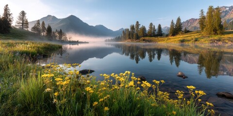 A serene alpine sunrise with morning mist and mountain reflections in a calm lake photorealistic, soft golden glow, wildflower foreground