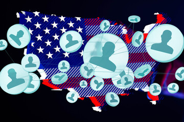 Visual representation of social media connections across the United States. Network map on US flag background.