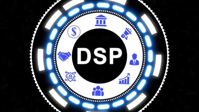 Animated dsp technology circle with business icons for marketing and financial success