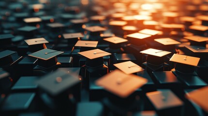 Obraz premium Graduation caps on many dark cubes, glowing light