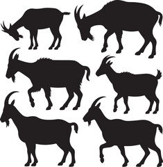 Fototapeta premium Collection of seven black goat silhouettes in various poses on white background animal livestock