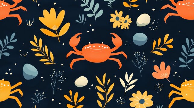 Cute crab and floral pattern on dark background