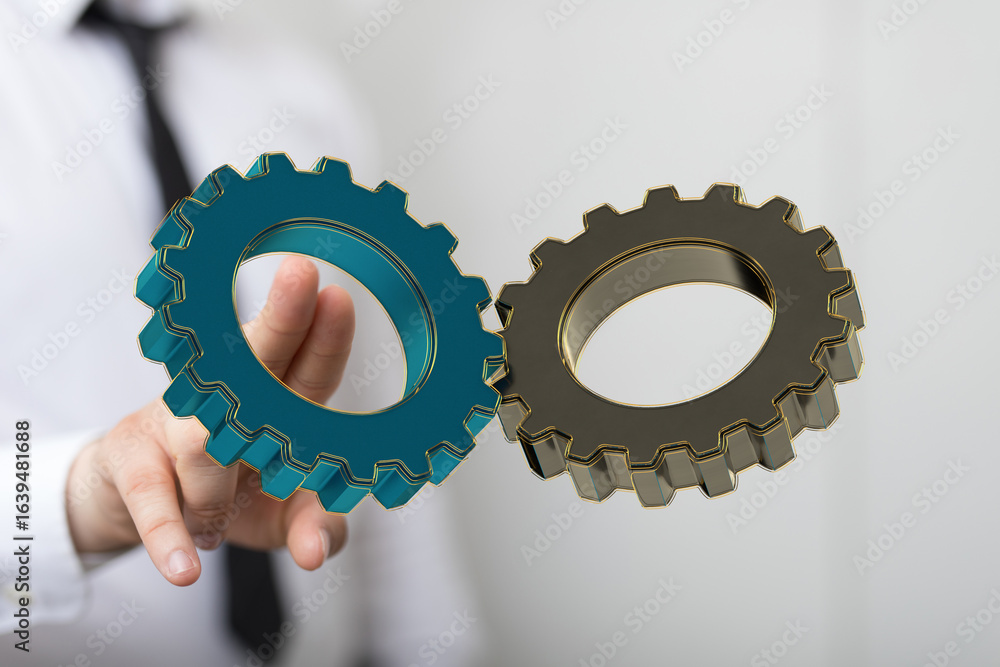 Poster image of two gears meshing, symbolizing teamwork, cooperation, and efficient processes.