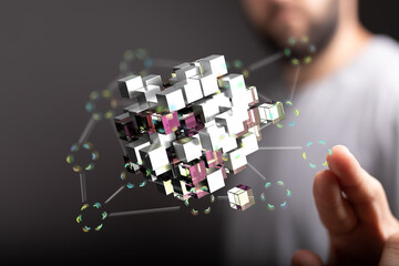 Digital data network, interconnected cubes, abstract technology, futuristic concept, innovation,...
