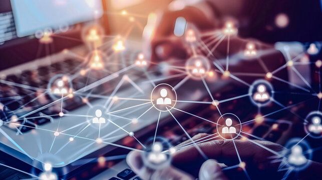 Teamwork visualized by connected people displayed on a tablet map