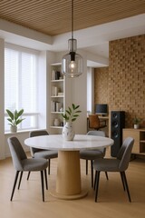 Fototapeta premium Modern Dining Area with Round Marble Table, Grey Upholstered Chairs, and Textured Wood Wall Accent