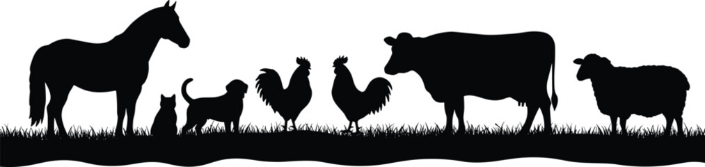 Farm animals silhouette vector, horse, cat, dog, rooster, hen, cow, sheep on grass, domestic livestock scene, countryside design, black clipart