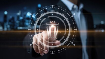 Businessman deleting data with finger on digital trash bin icon over city lights