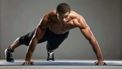 A fit man performs a push-up in a gym setting, showcasing strength and determination.