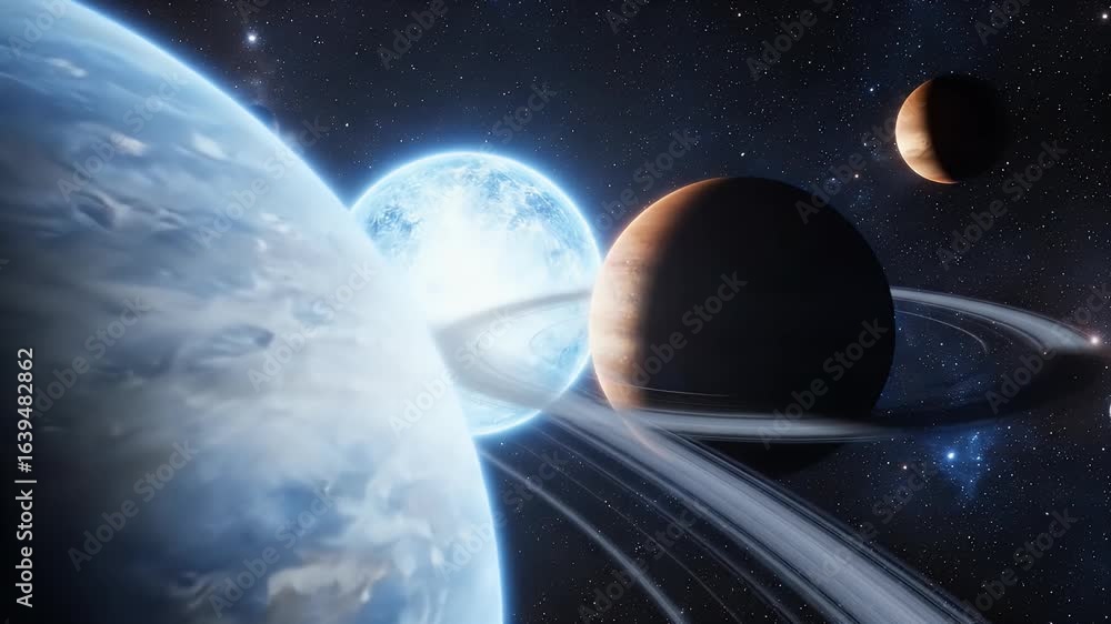 Poster planets and stars in space, sci-fi animation, digital environment, dynamic view