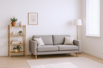 Fototapeta premium Minimalist Living Room with Gray Sofa, Wooden Shelf, and Natural Light from Window