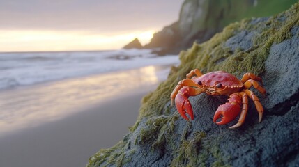 Red crab on a coastal rock at sunset