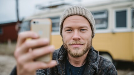 Young happy man enjoying travel while taking a selfie in front of vintage camper van at a scenic outdoor location