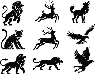 Black silhouette collection of lions, wolves, deer, panthers, and eagles in various poses, symbolizing wildlife, power, nature, strength, and freedom.