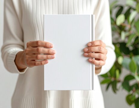 Woman holding a blank white book. Mockup template for a cover design concept with a cozy, natural aesthetic.