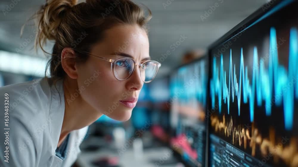 Poster Focused Technician Analyzing Data: A female technician concentrates intently, her gaze fixed on a monitor displaying intricate data analysis.