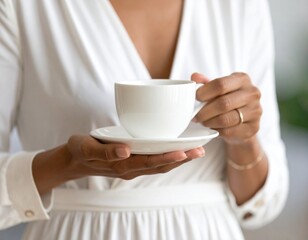 Elegant woman in a white dress holding a porcelain teacup and saucer, enjoying a calm morning beverage.