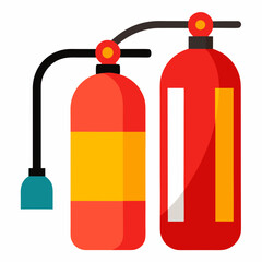 Two red fire extinguishers with yellow and white labels