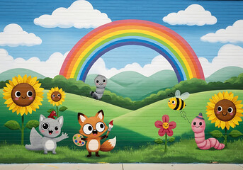 Cartoon mural featuring animals sunflowers rainbow and clouds painted on a brick wall outdoors