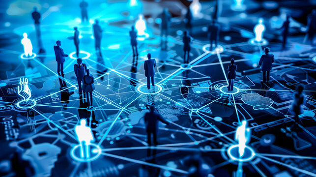 Business network of people positioned across a glowing world map