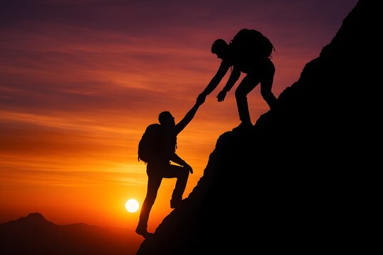 Silhouettes of two hikers helping each other climb a steep mountain at sunset - Powered by Adobe