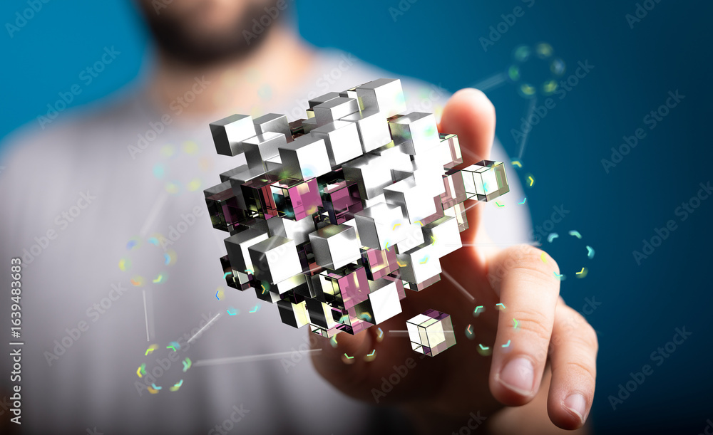 Poster abstract image of interconnected data cubes. represents technology, innovation, and networking.
