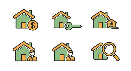Illustration set depicting real estate concepts with houses, keys, money and magnifying glass