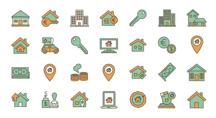 Collection of real estate related icons including houses keys money and location markers in a flat design style
