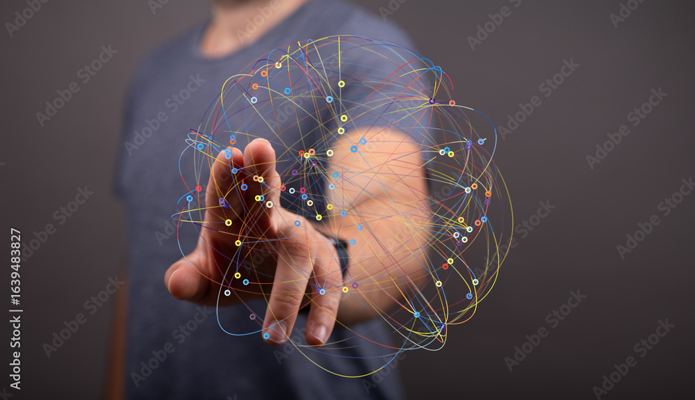 Poster abstract image of a hand interacting with a digital network. ideal for technology, connection, and c