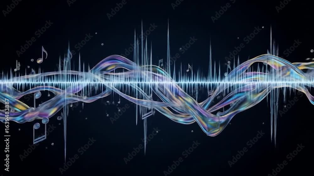 Poster abstract musical visualization with flowing lines, notes and sound wave on dark background