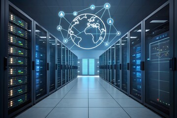 Data Center Server Room with Global Network Visualization technology