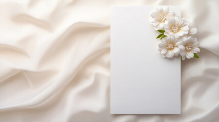 A white card with a flower on it sits on a white background