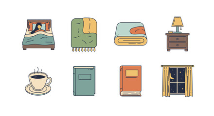 Illustration of a cozy bedroom scene with bed, blankets, books, and nightstand items shown
