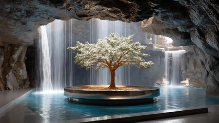 Serene Sanctuary: A meticulously crafted, artistic representation, a solitary tree finds its home within a cave, enhanced by cascading waterfalls and a serene pool of water.