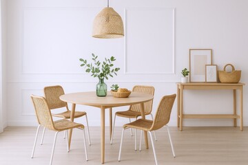 Modern Dining Room Setup Featuring Natural Wicker Chairs and Light Wood Furniture with Greenery and Artwork